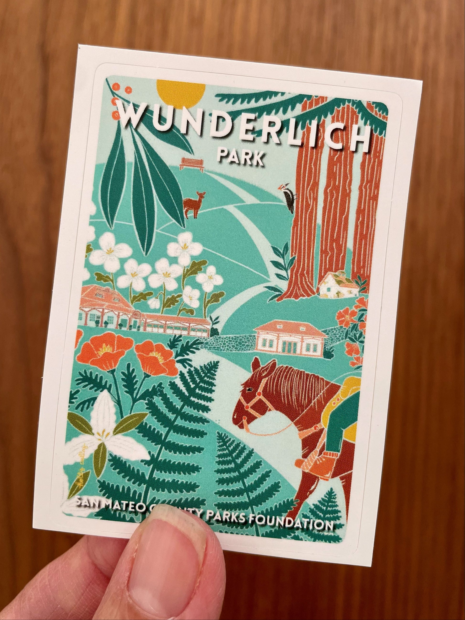 Colorful Wunderlich Park sticker held by a hand against a wooden background